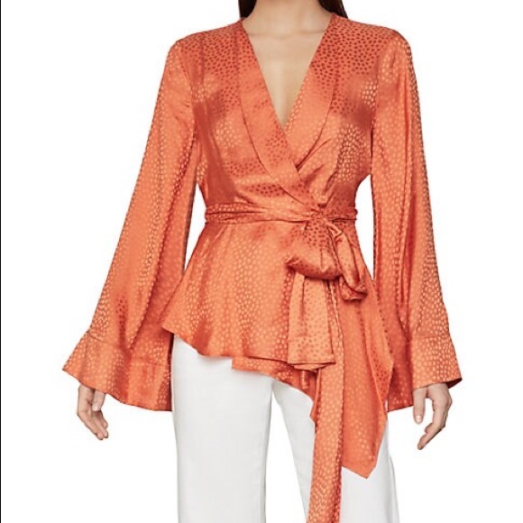 BCBG Textured Satin Long Sleeve Wrap Top in Papaya - Picture 8 of 8